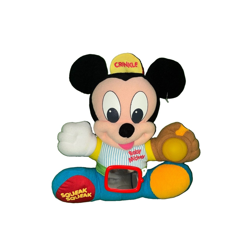 Vintage Mattel Baby Mickey Mouse Sensory Plush Baseball Crinkle Mirror Squeak